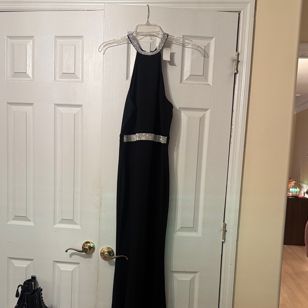 Elegant Black Halter Evening Dress with Silver Embellishment